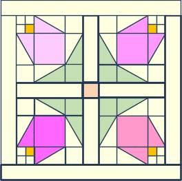 Geometric fabric design featuring pink and green shapes in a quilt-like pattern.