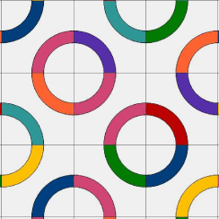 Colorful overlapping circles pattern on a white grid background.
